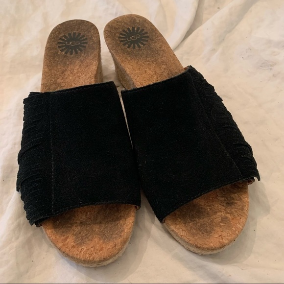Ugg cork fringe black suede peep toe wedge platform sandals shoes size 7 heels - Picture 5 of 9